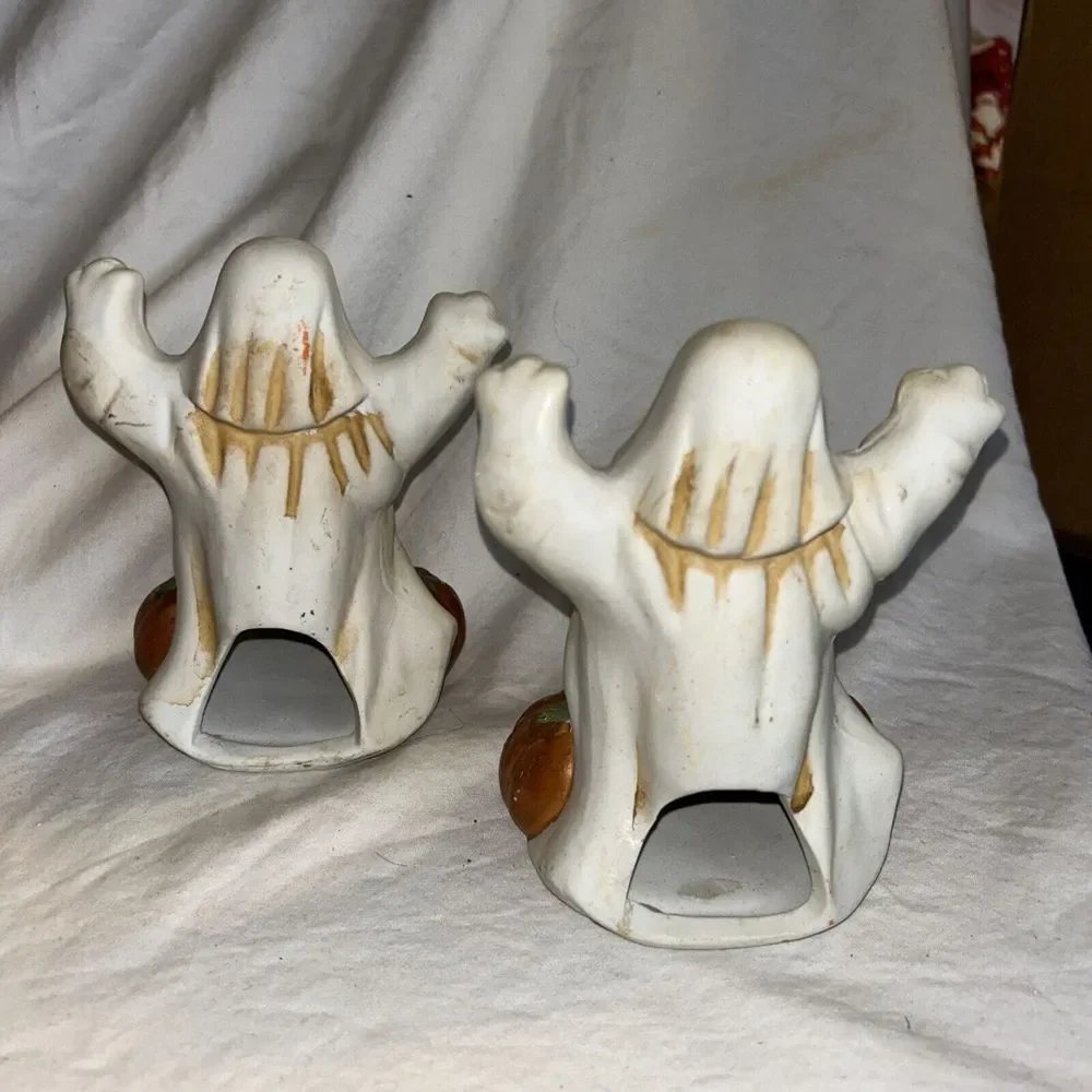 2 Hermitage Pottery Ghost w/‎ Pumpkins Votive Tea Light Holder Halloween Decor